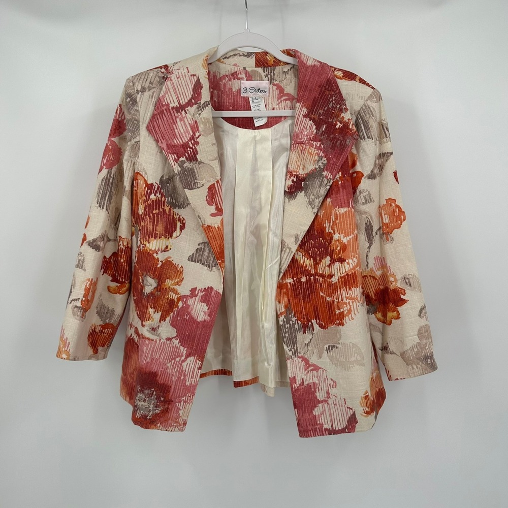 3 Sisters Womens Shabby Chic Floral Linen Blend Open Front Blazer Size L Jacket